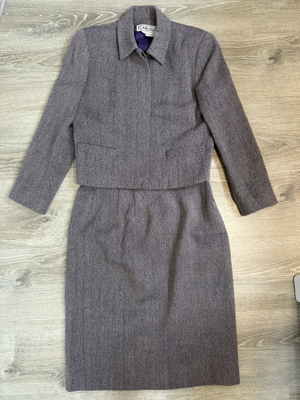 Vintage Carlisle Wool Blend Grey Tweed Two-Piece Blazer & Midi Pencil Skirt Suit
